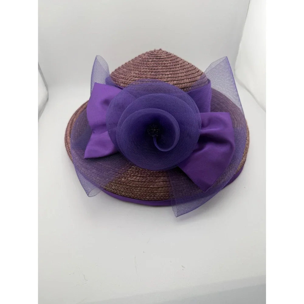 Vintage Purple Straw Cloche Hat Satin Bow Tulle Flower‎ Tea Party Church Wedding